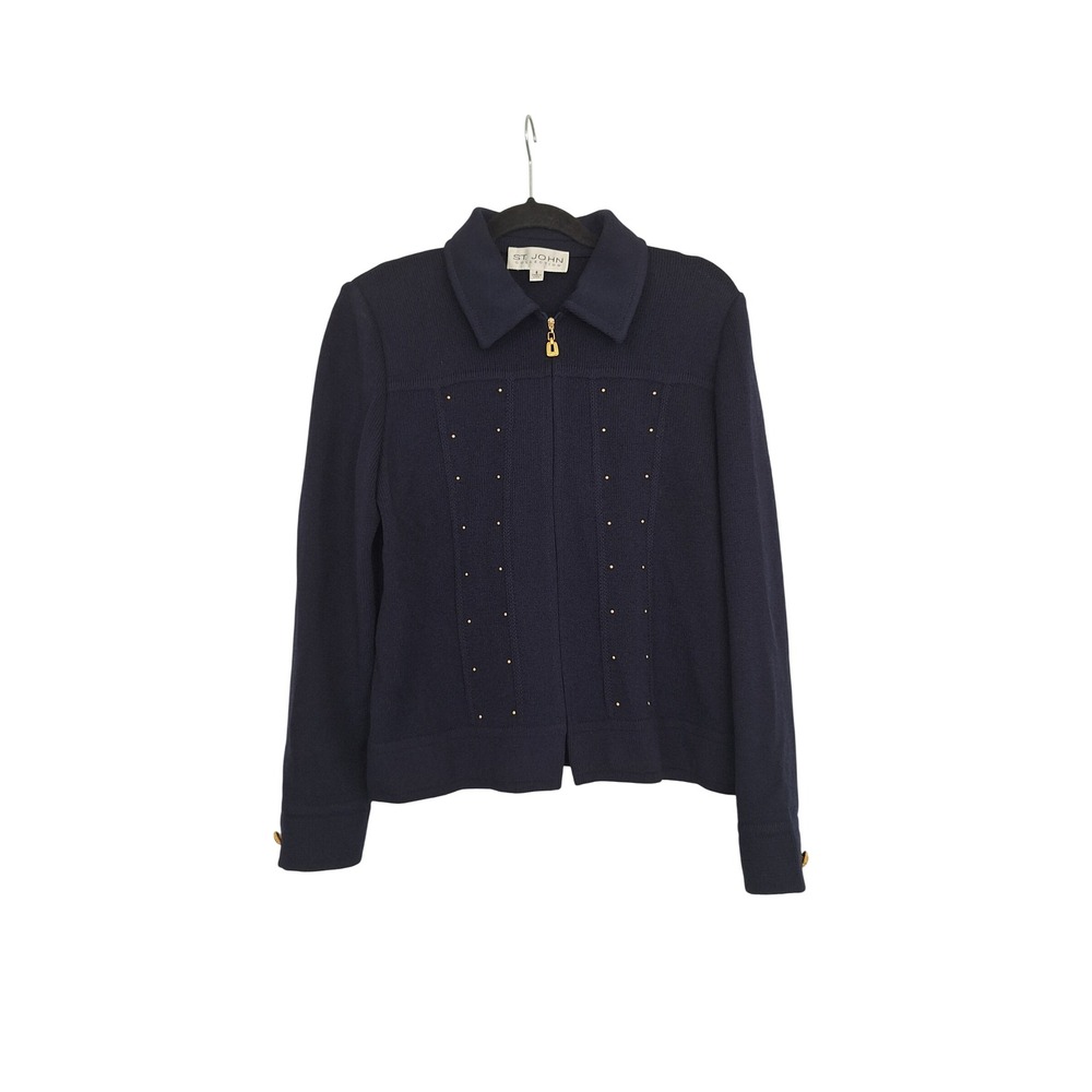St. John Collection Navy Blue Santana Knit Studded Zip Front Jacket Size 6